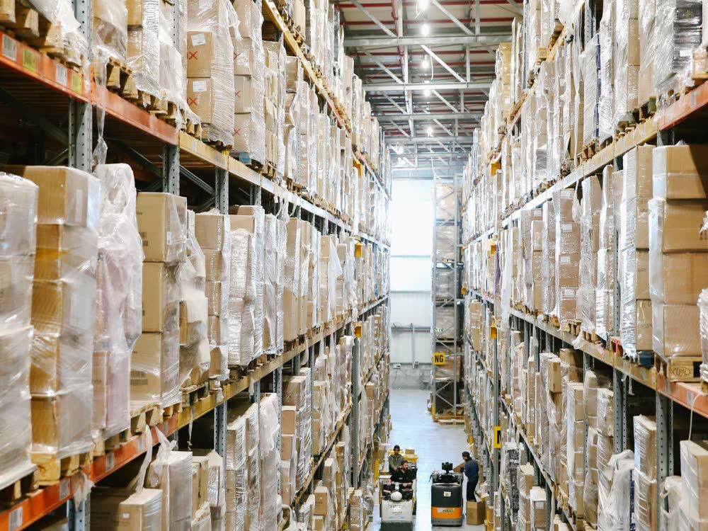 Warehouse shelving stocked for wholesale distribution